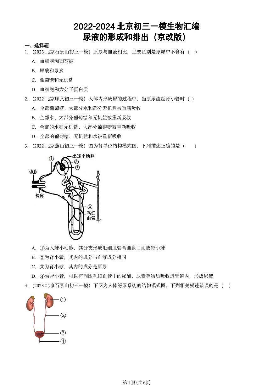 2022-2024北京初三中考一模生物汇编：尿液的形成和排出（京改版）第1页