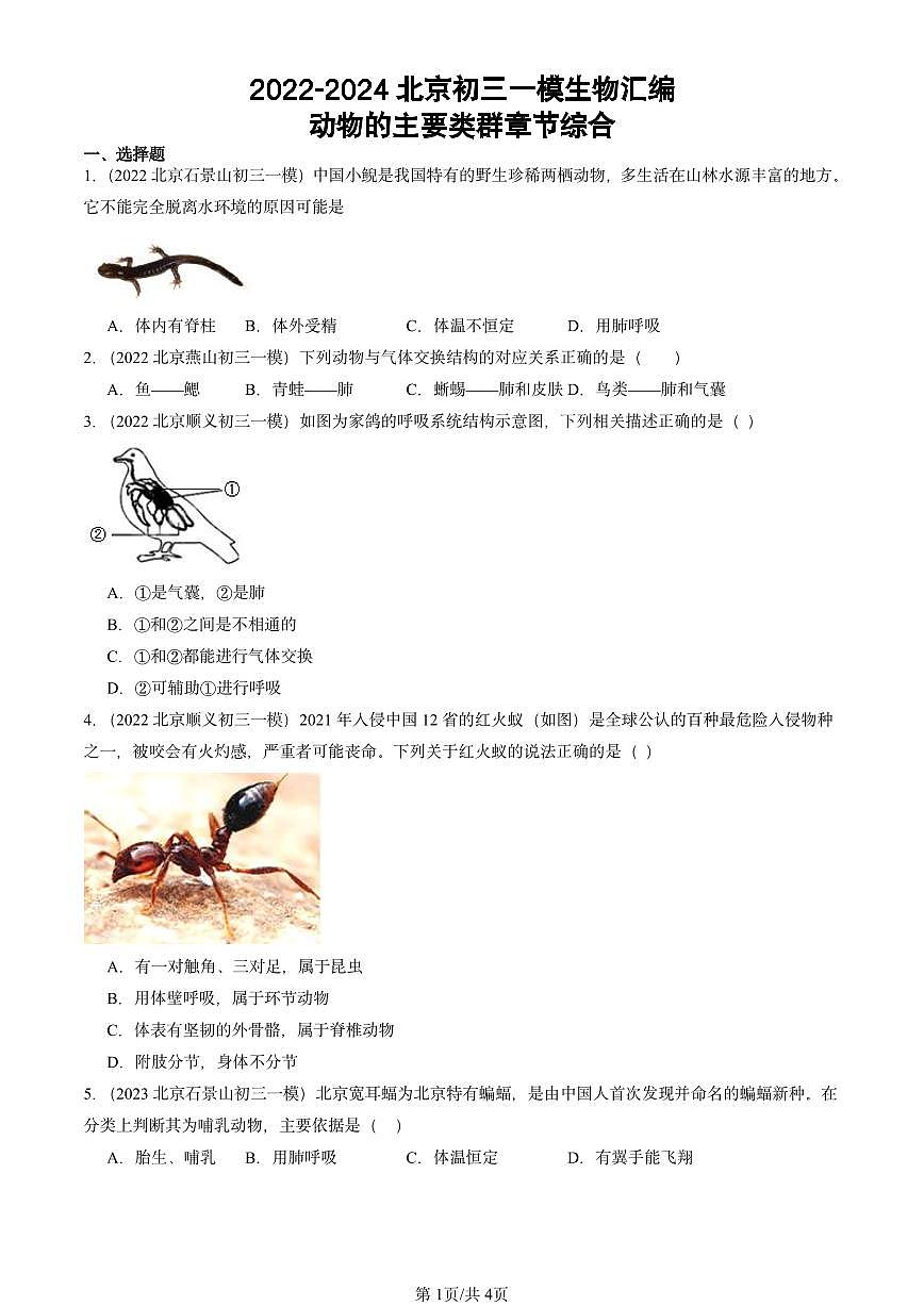 2022-2024北京初三中考一模生物汇编：动物的主要类群章节综合第1页