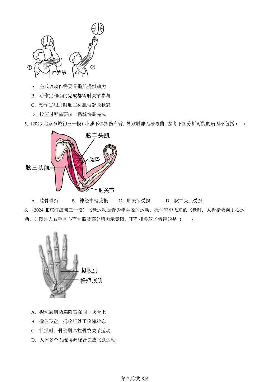 2022-2024北京初三中考一模生物汇编：动物的运动第2页