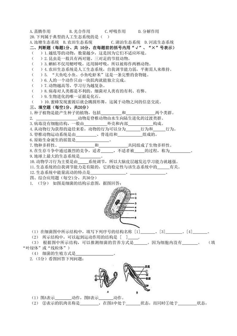 2024～2025学年甘肃省张掖市第一中学八年级上1月期末生物试卷(含答案)第2页
