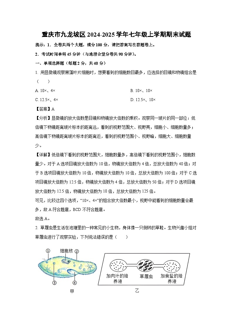 重庆市九龙坡区2024-2025学年七年级(上)期末生物试卷（解析版）第1页