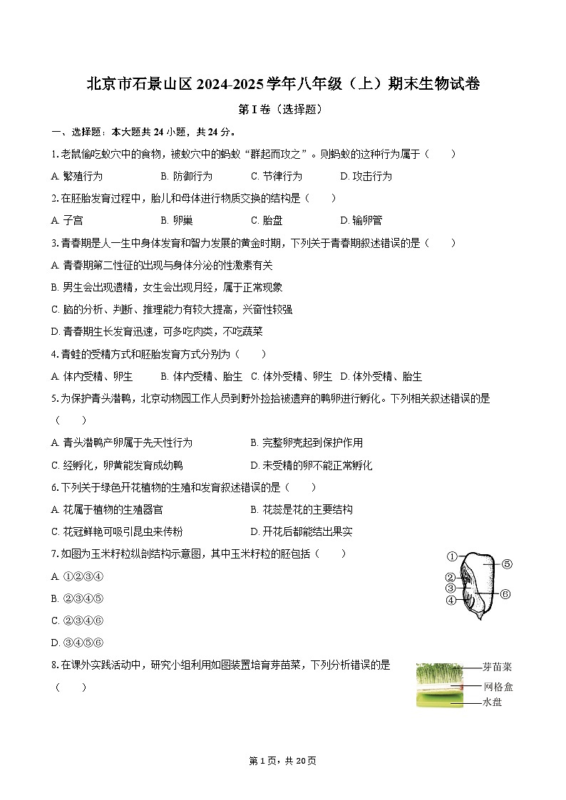 北京市石景山区2024-2025学年八年级（上）期末生物试卷第1页