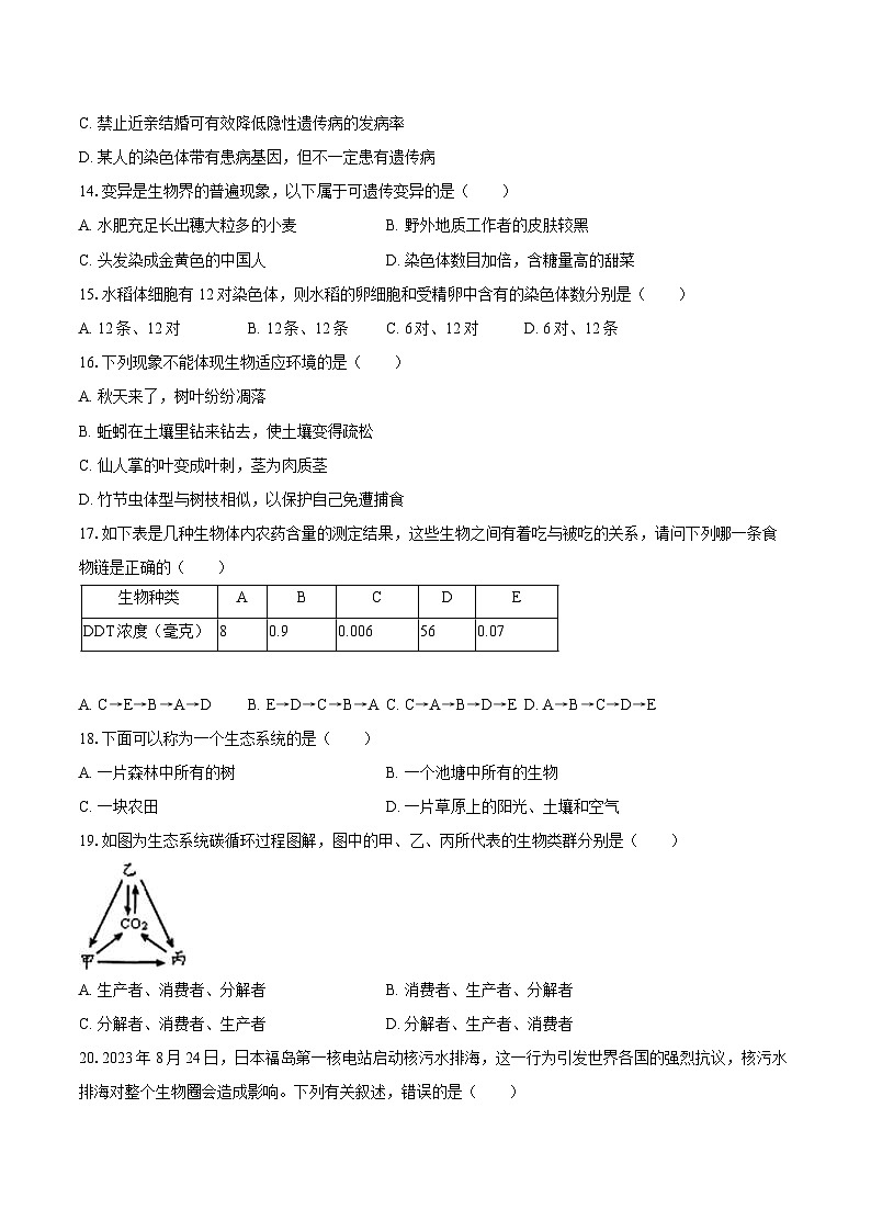 山东省济南市多校2024-2025学年八年级（上）期末生物试卷第3页
