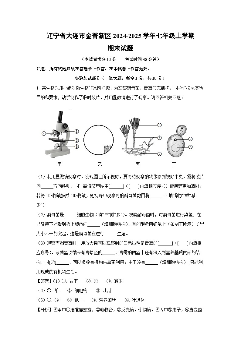 辽宁省大连市金普新区2024-2025学年七年级(上)期末生物试卷（解析版）第1页