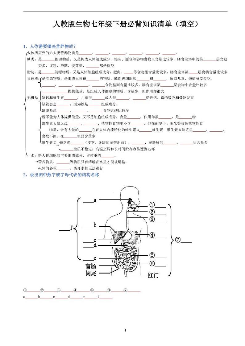 人教版生物七年级下册期末复习必背知识清单（填空）第1页