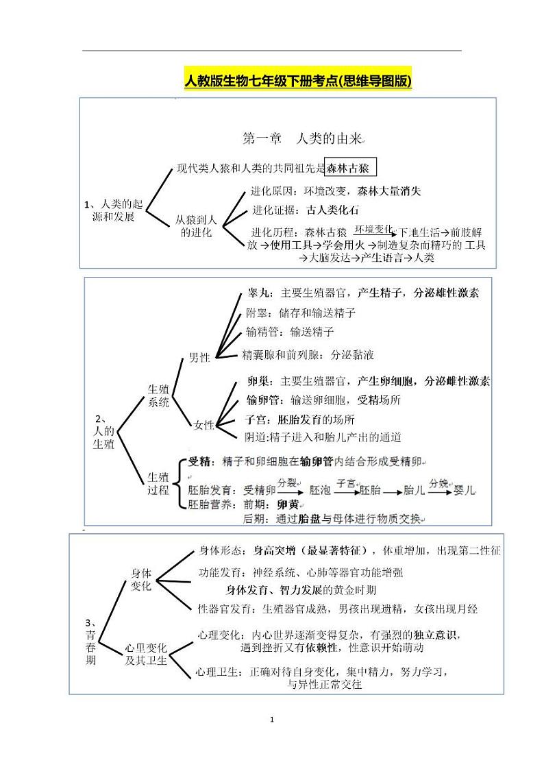 人教版生物七年级下册期末复习知识点(思维导图版)第1页