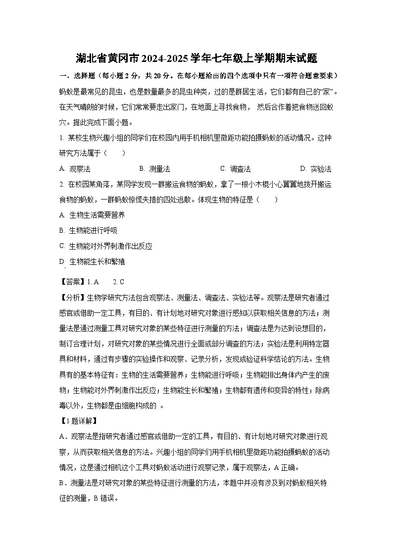 湖北省黄冈市2024-2025学年七年级上学期期末生物试卷（解析版）第1页