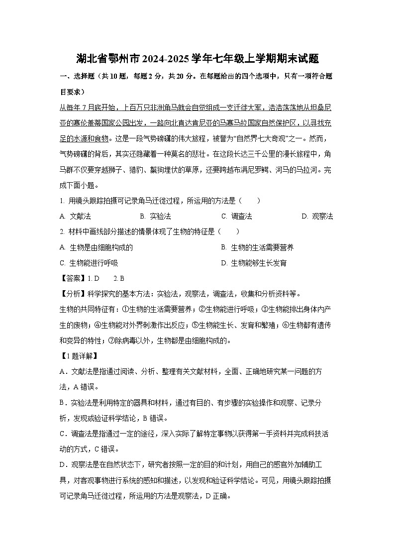 湖北省鄂州市2024-2025学年七年级上学期期末生物试卷（解析版）第1页