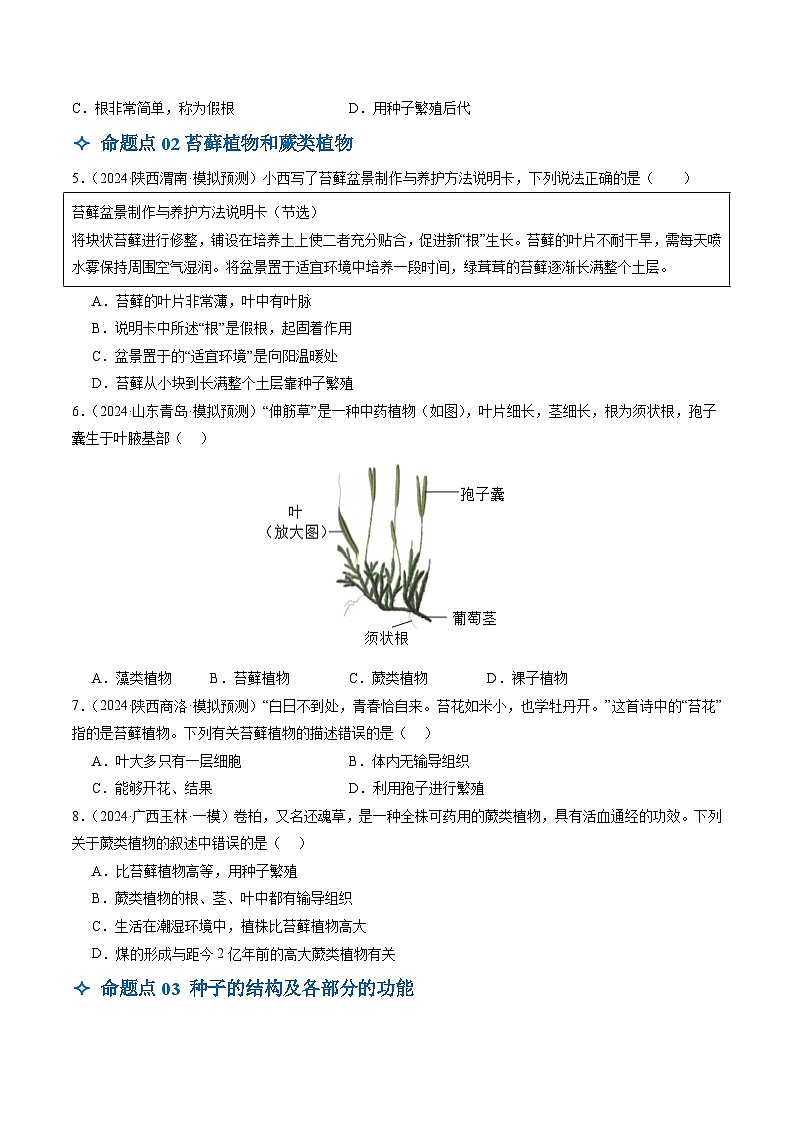 2025年中考生物一轮复习 第05讲 生物圈中有哪些绿色植物（5大命题点分层精练）（原卷版）第2页