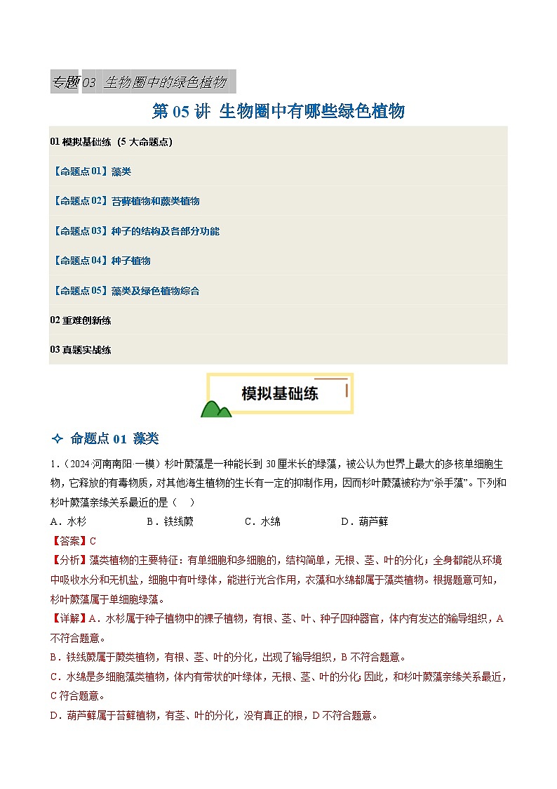 2025年中考生物一轮复习 第05讲 生物圈中有哪些绿色植物（5大命题点分层精练）（解析版）第1页