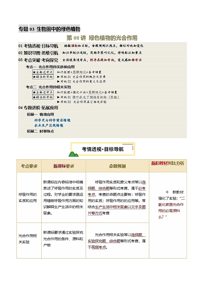 2025年中考生物一轮复习 第08讲 绿色植物的光合作用（精研讲义）（原卷版）第1页