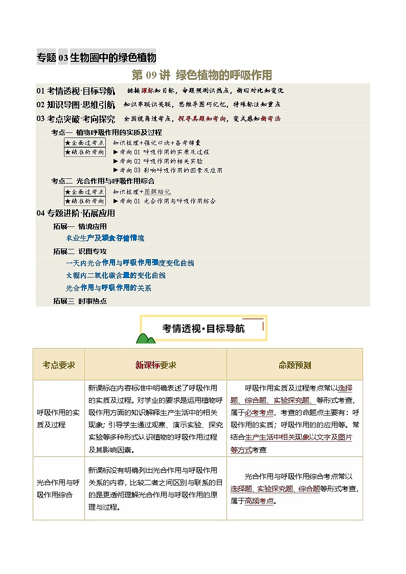 2025年中考生物一轮复习 第09讲 绿色植物的呼吸作用（精研讲义）（原卷版）第1页