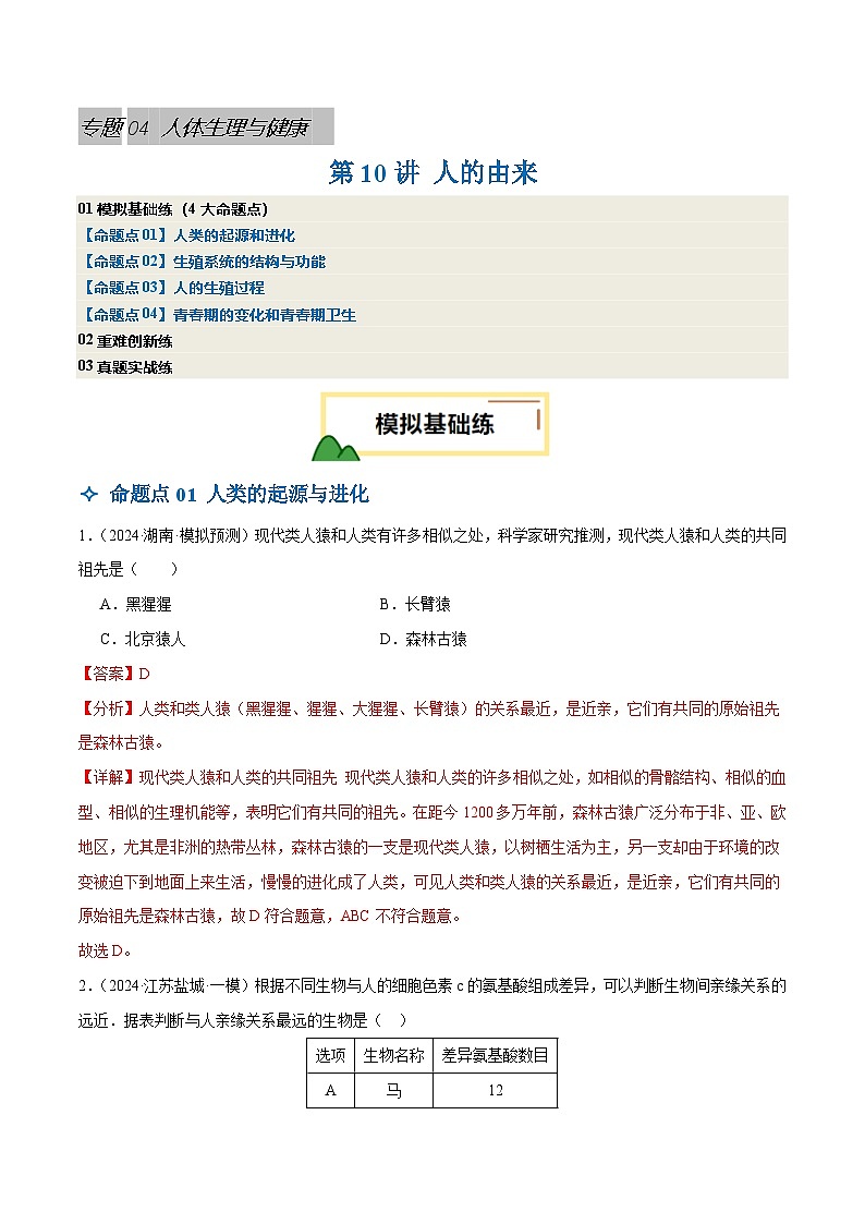2025年中考生物一轮复习 第10讲 人的由来（4大命题点分层精练）（解析版）第1页