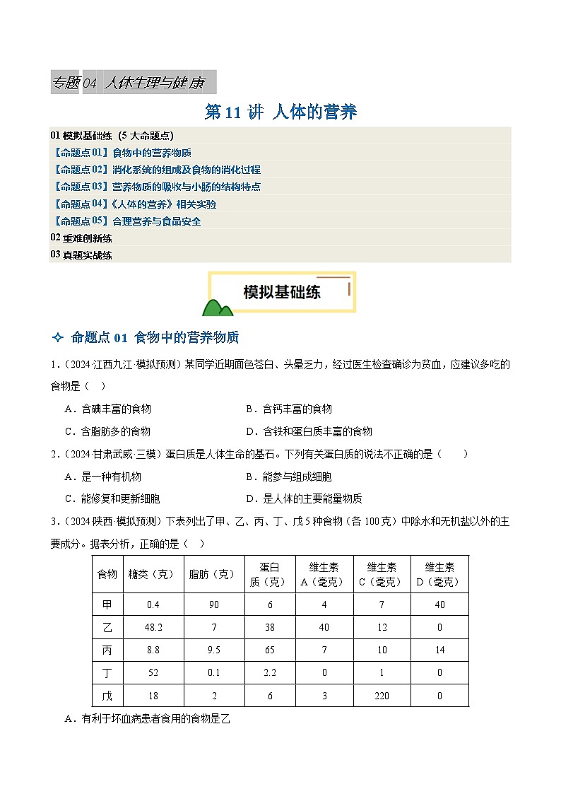 2025年中考生物一轮复习 第11讲 人体的营养（5大命题点分层精练）（原卷版）第1页