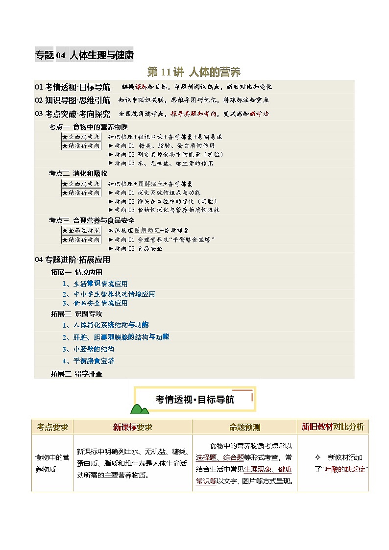2025年中考生物一轮复习 第11讲 人体的营养（精研讲义）（解析版）第1页