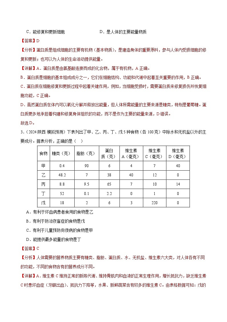2025年中考生物一轮复习 第11讲 人体的营养（5大命题点分层精练）（解析版）(1)第2页