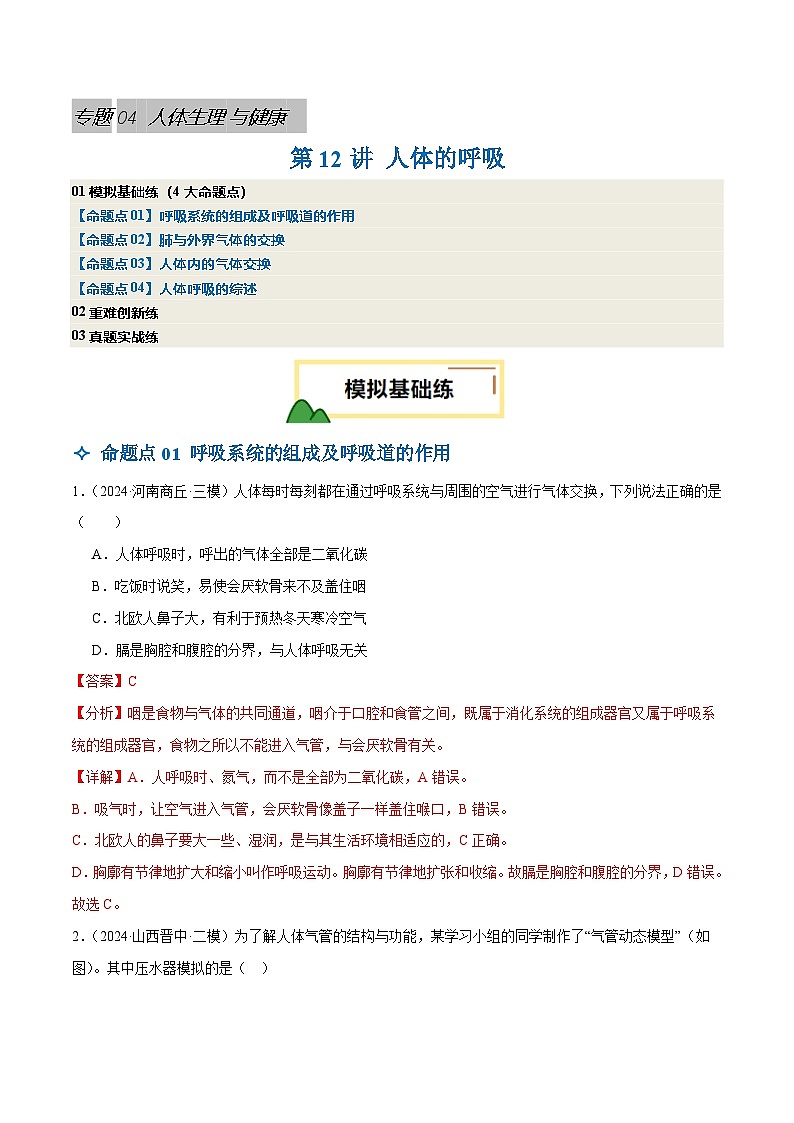 2025年中考生物一轮复习 第12讲 人体的呼吸（4大命题点分层精练）（解析版）第1页