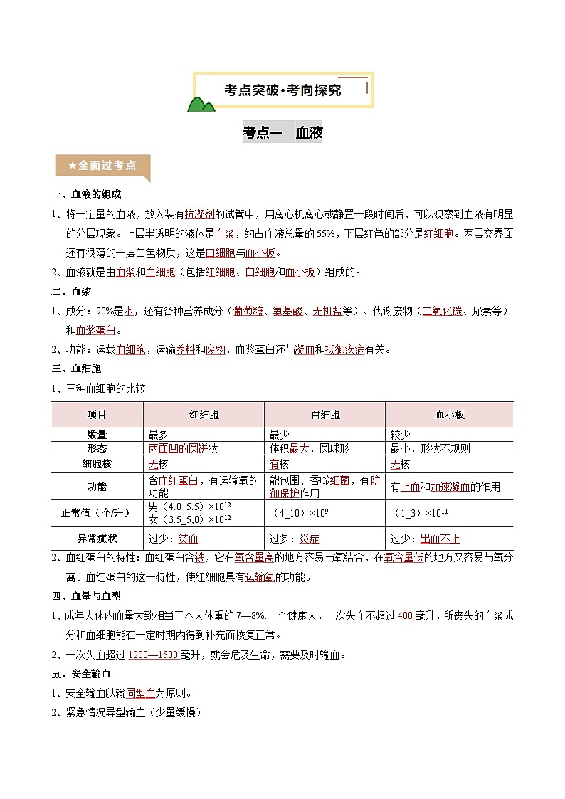 2025年中考生物一轮复习 第13讲 人体内物质的运输（精研讲义）（解析版）(1)第3页