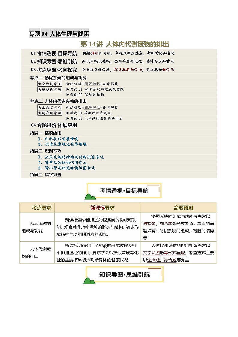 2025年中考生物一轮复习 第14讲 人体内代谢废物的排出（精研讲义）（原卷版）第1页