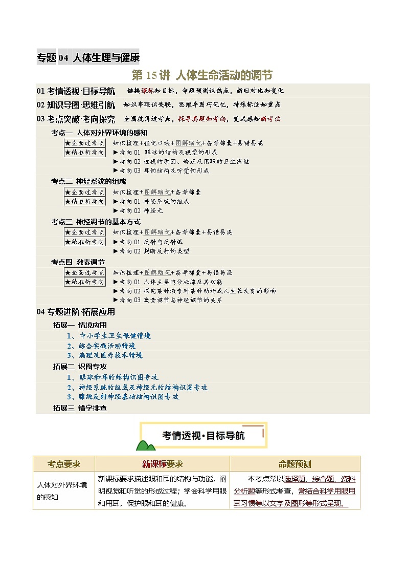 2025年中考生物一轮复习 第15讲 人体生命活动的调节（精研讲义）（解析版）第1页