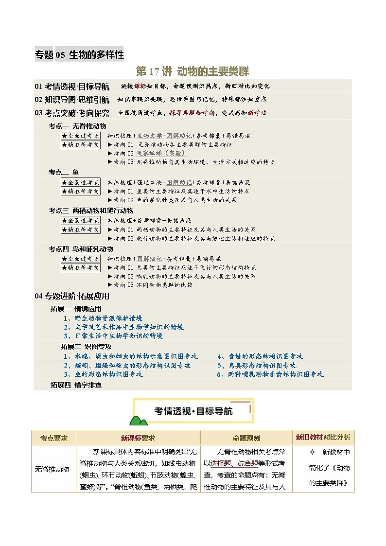 2025年中考生物一轮复习 第17讲 动物的主要类群（精研讲义）（原卷版）第1页