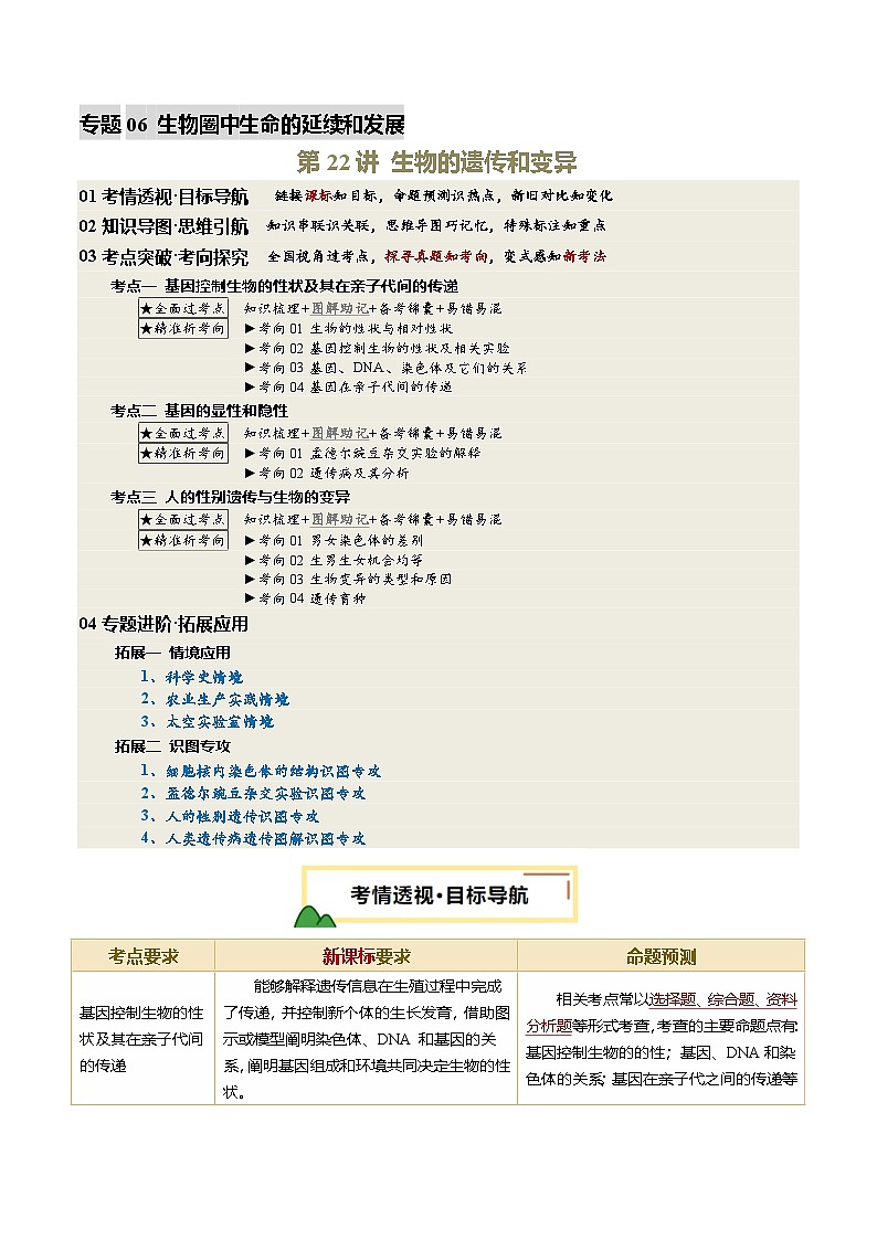 2025年中考生物一轮复习 第22讲 生物的遗传和变异（精研讲义）（原卷版）第1页