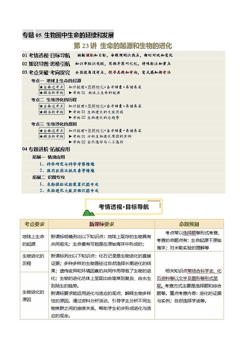2025年中考生物一轮复习 第23讲 生命的起源和生物的进化（精研讲义）（原卷版）第1页