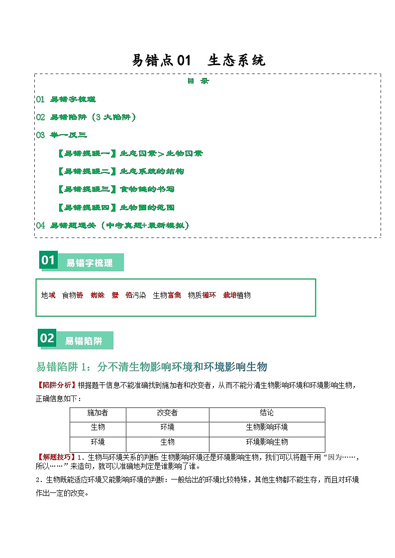 中考生物总复习易错点01 生态系统-备战2024年中考生物考试易错题（全国通用）（原卷版）第1页