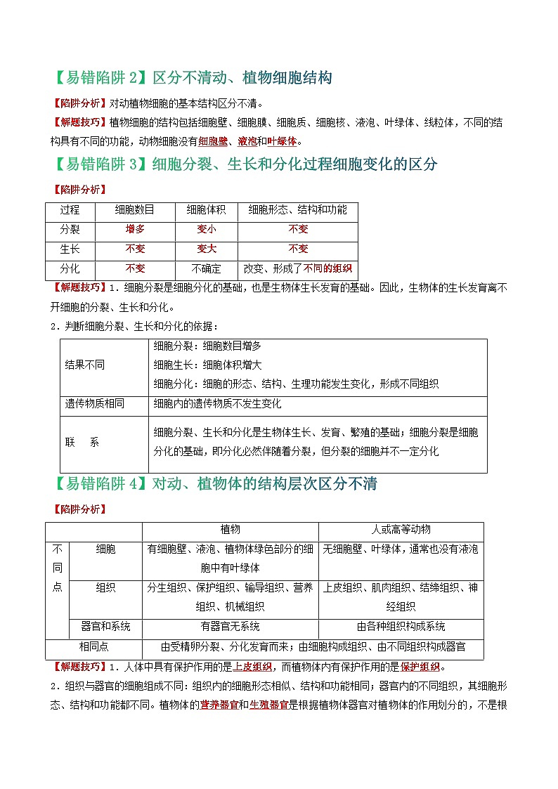 中考生物总复习易错点03 生物体的构成-备战2024年中考生物考试易错题（全国通用）（原卷版）第2页