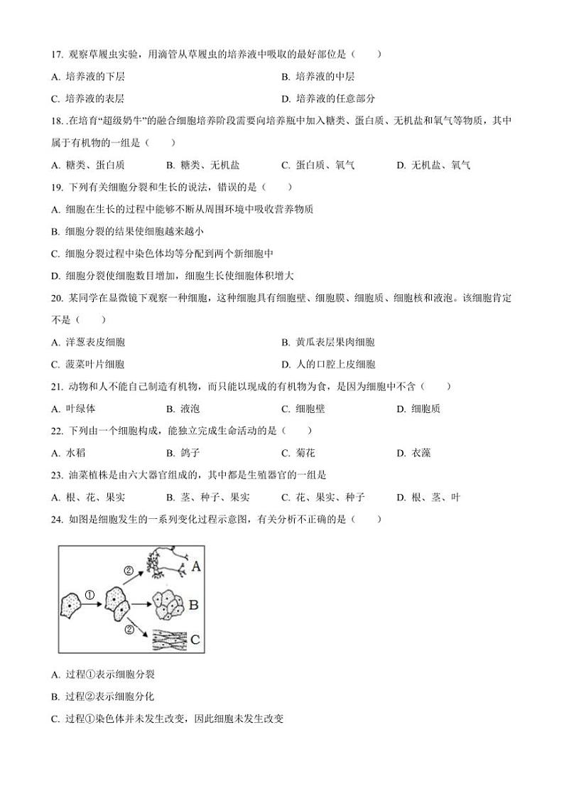 2024～2025学年湖南省郴州市第五中学教育集团七年级上期中生物试卷(含答案)第3页