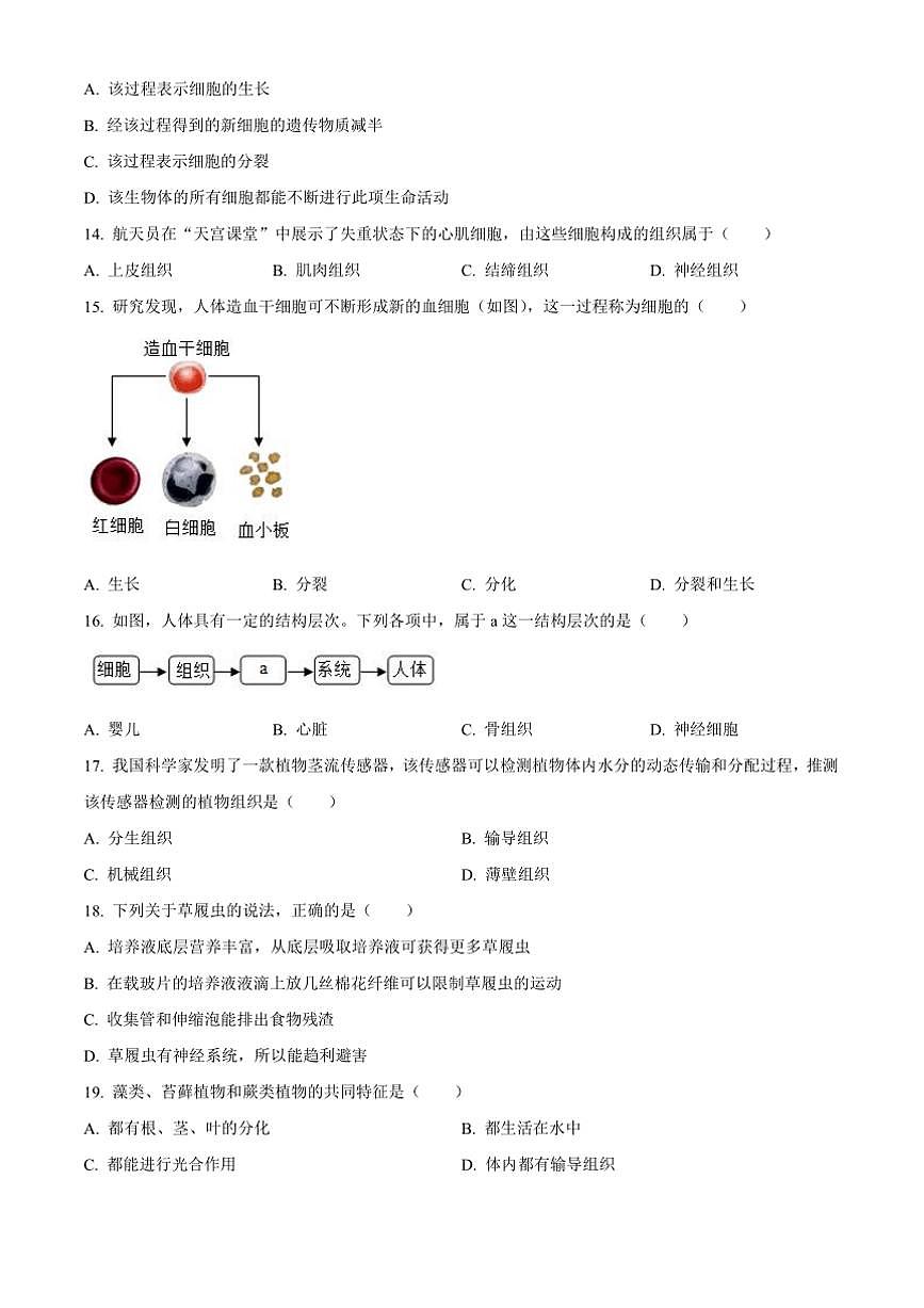 2024～2025学年天津市南开区七年级上期末生物试卷(含答案)第3页