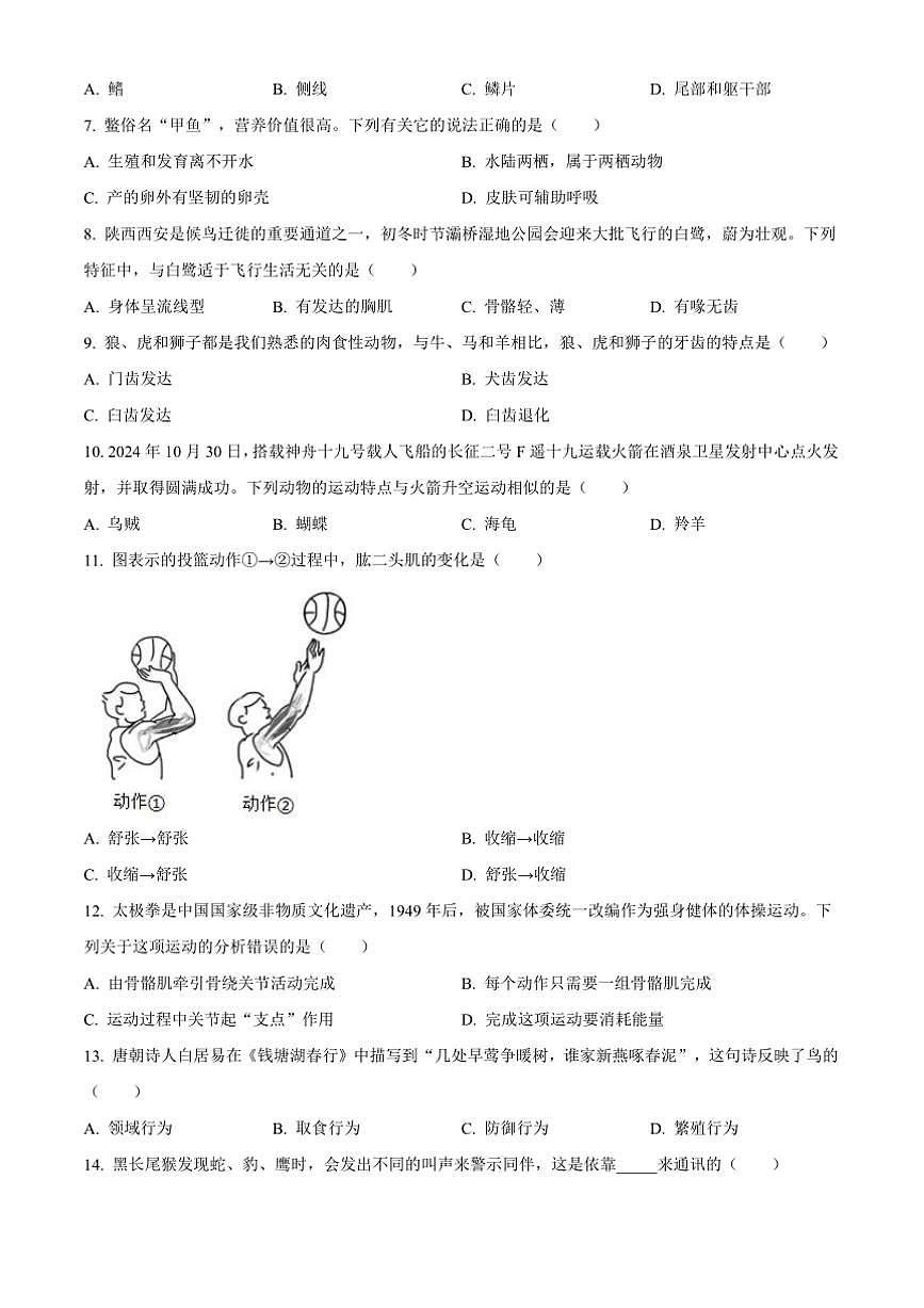 2024～2025学年陕西省延安市延长县八年级上期末生物试卷(含答案)第2页