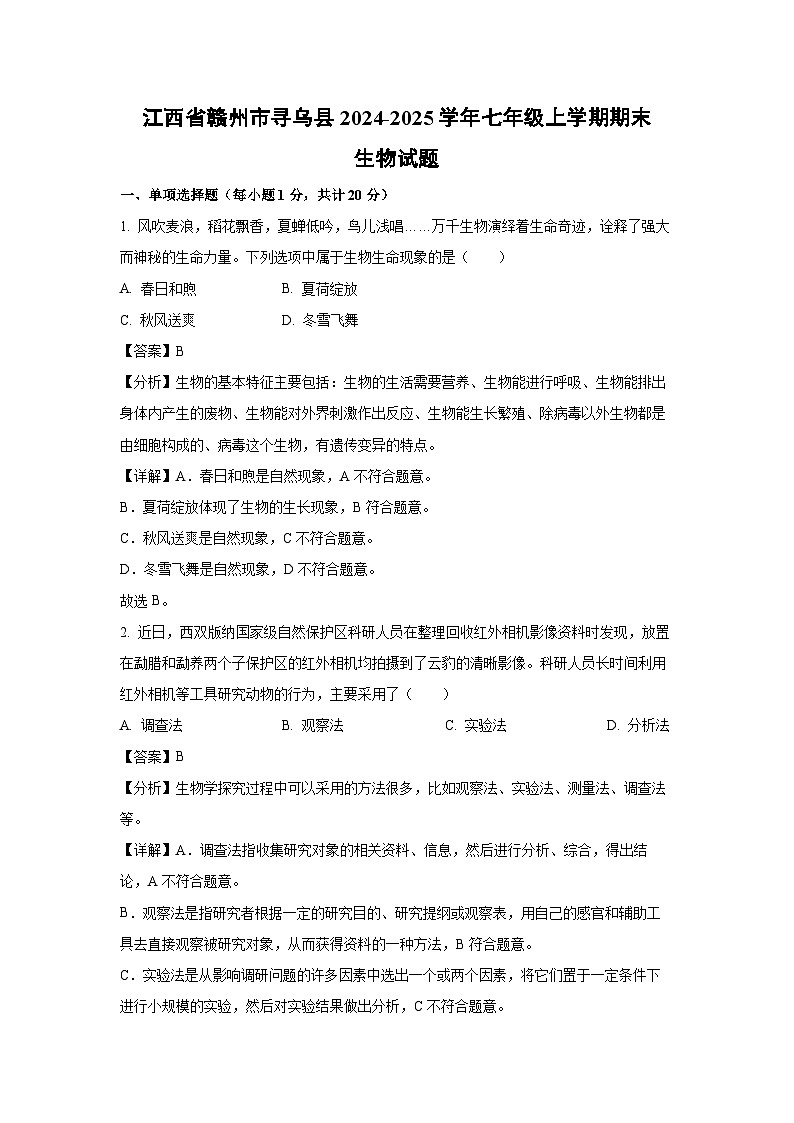 江西省赣州市寻乌县2024-2025学年七年级上学期期末生物生物试卷（解析版）第1页