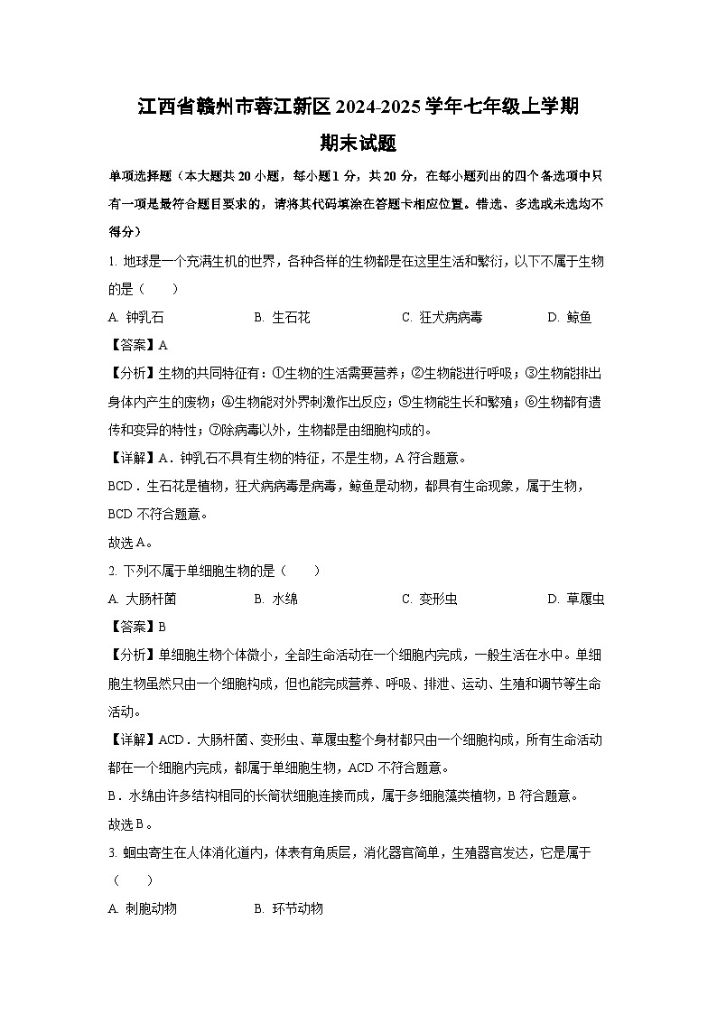 江西省赣州市蓉江新区2024-2025学年七年级(上)期末生物试卷（解析版）第1页