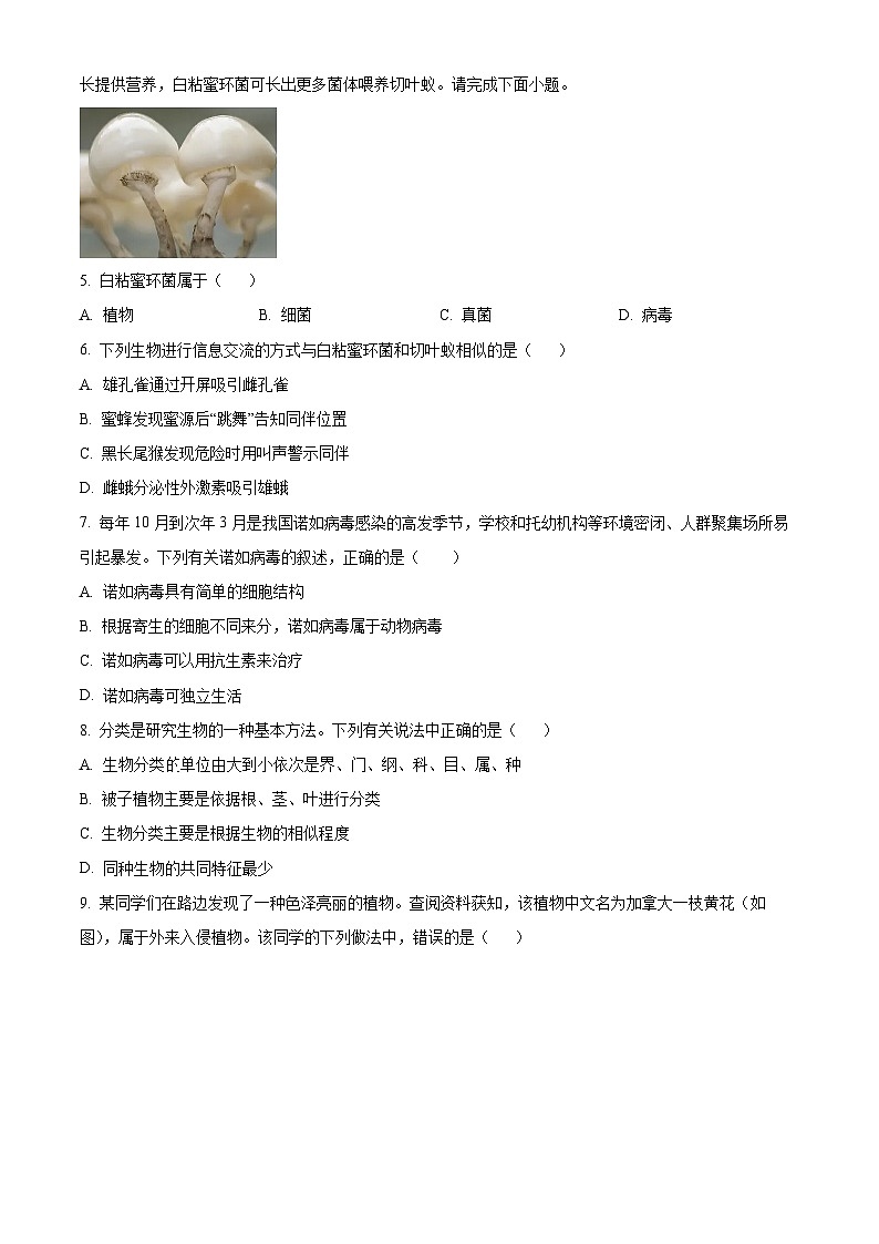 山西省忻州市原平市部分学校2024-2025学年八年级上学期期末生物试题（原卷版）第2页