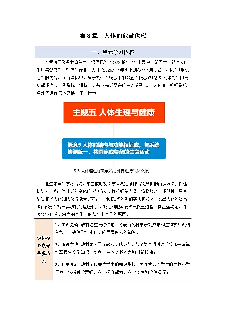 第8章 人体的能量供应 大单元教学设计第1页