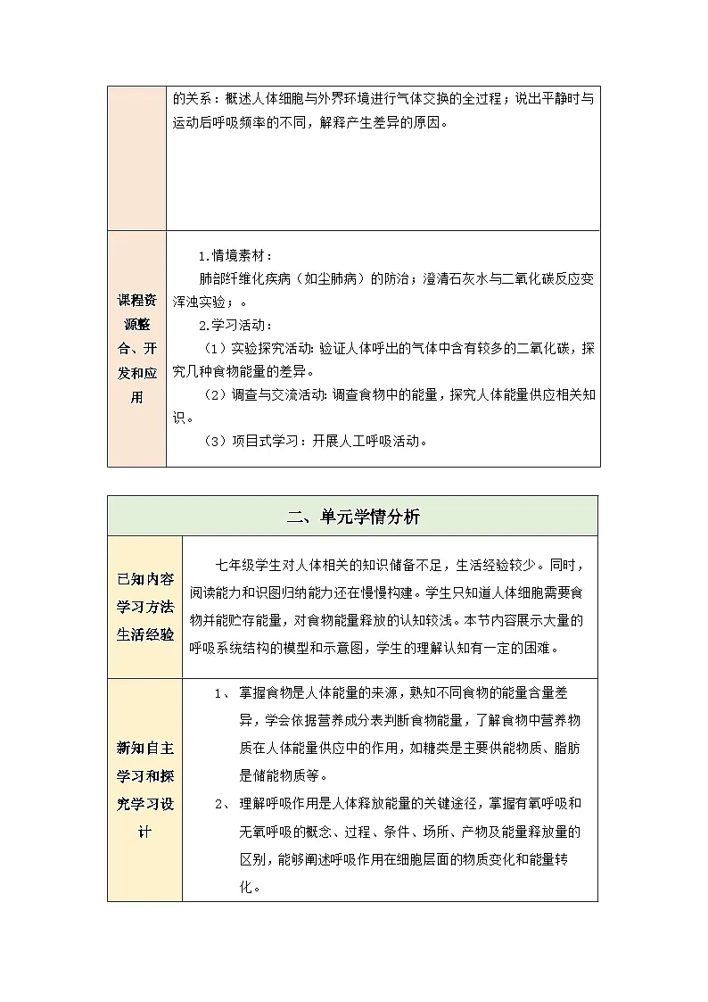 第8章 人体的能量供应 大单元教学设计第3页