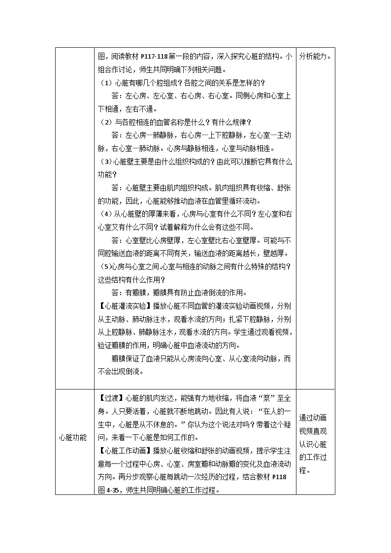 4.4.3 输送血液的泵——心脏教案（表格式）人教版（2024）生物七年级下册第2页
