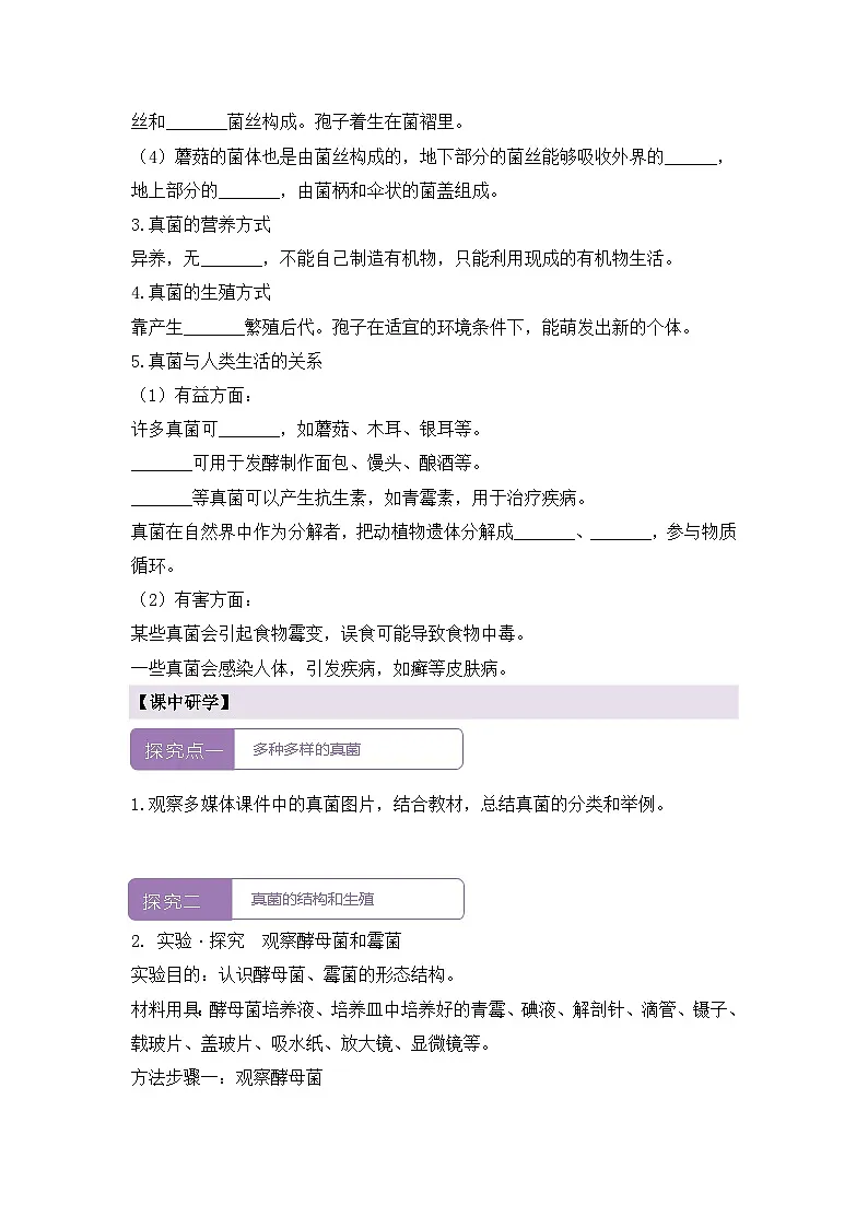 新人教版生物七上 2-3-3《真菌》导学案第2页