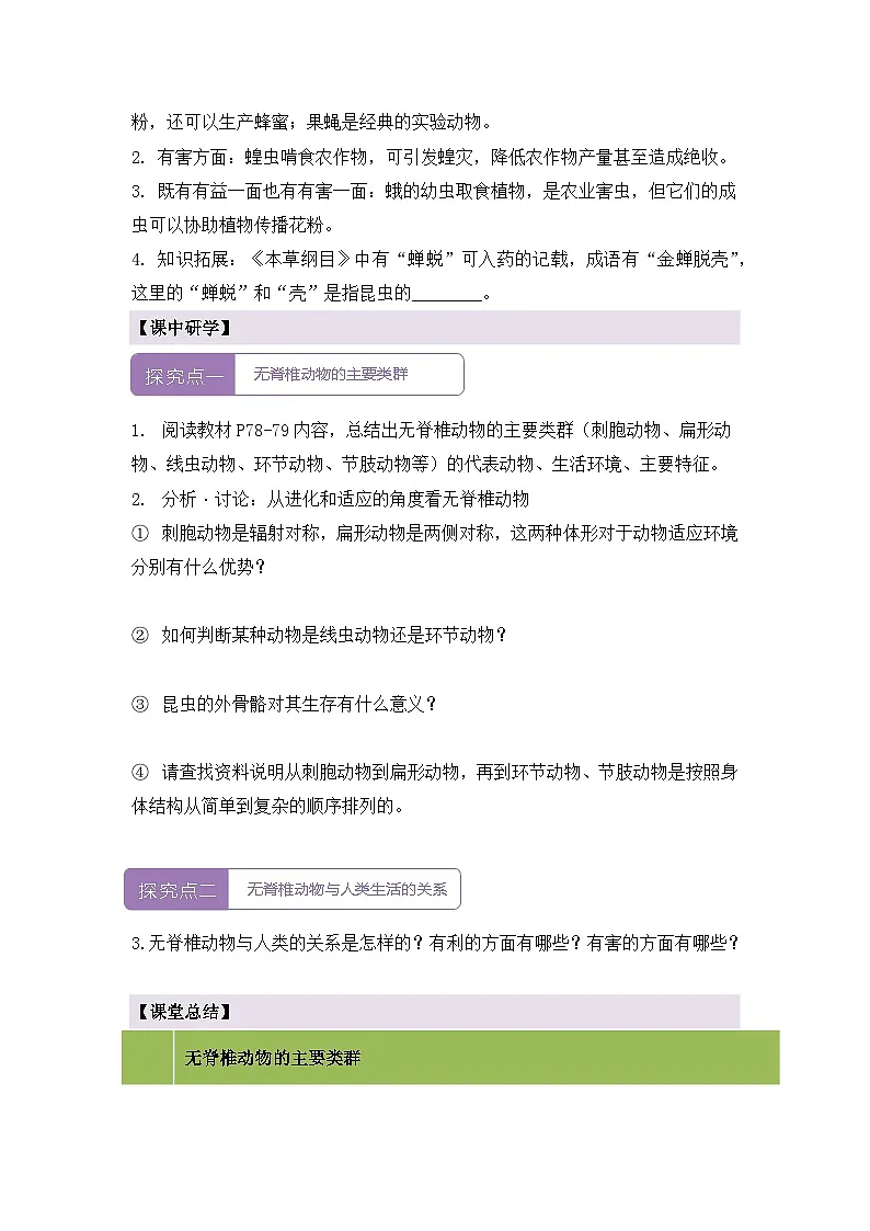 新人教版生物七上2-2-1《无脊椎动物》导学案第3页