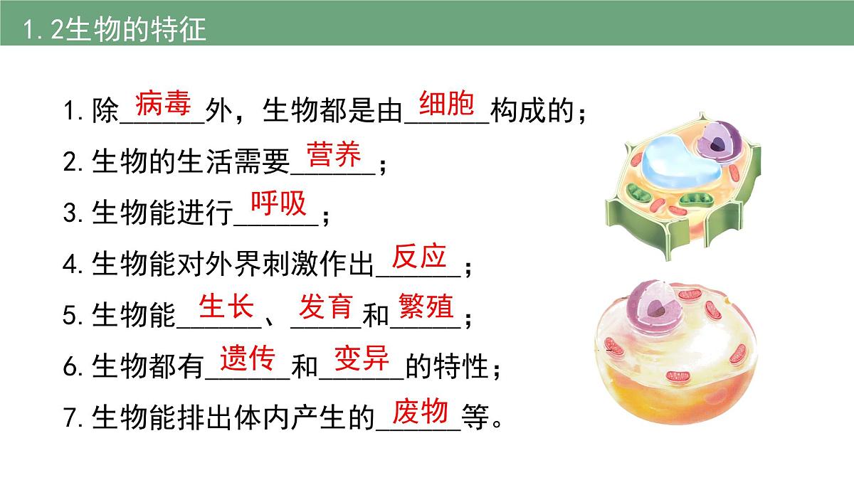 新人教版生物七上《第一单元第一、二章 认识生物和细胞》章末复习课件第8页