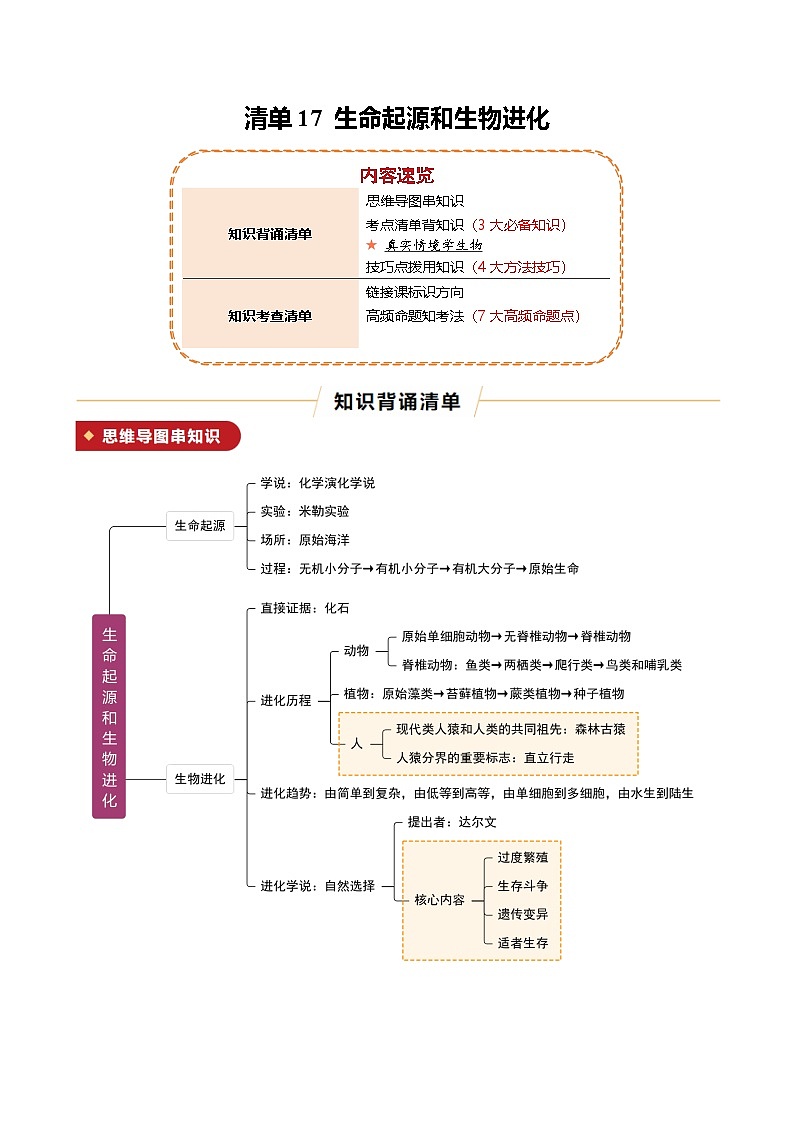 清单17 生命起源和生物进化（3大必备知识 4大技巧方法 7大命题点）-2025年中考生物一轮复习知识清单（全国通用）（原版卷）第1页
