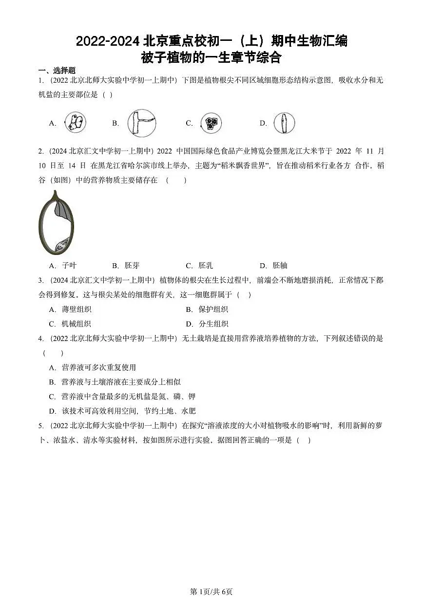 2022-2024北京重点校初一（上）期中真题生物汇编：被子植物的一生章节综合第1页