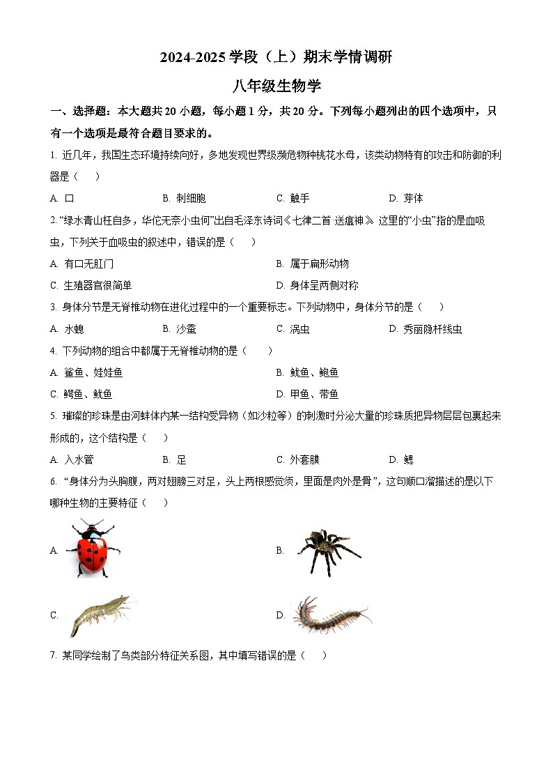 河南省焦作市武陟县2024-2025学年八年级上学期期末生物试题（原卷版）第1页