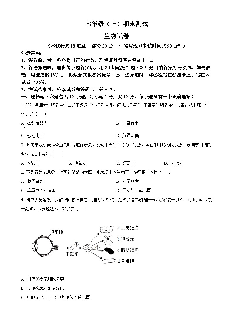 辽宁省大连市高新技术产业园区2024-2025学年七年级上学期期末生物试题（原卷版）第1页