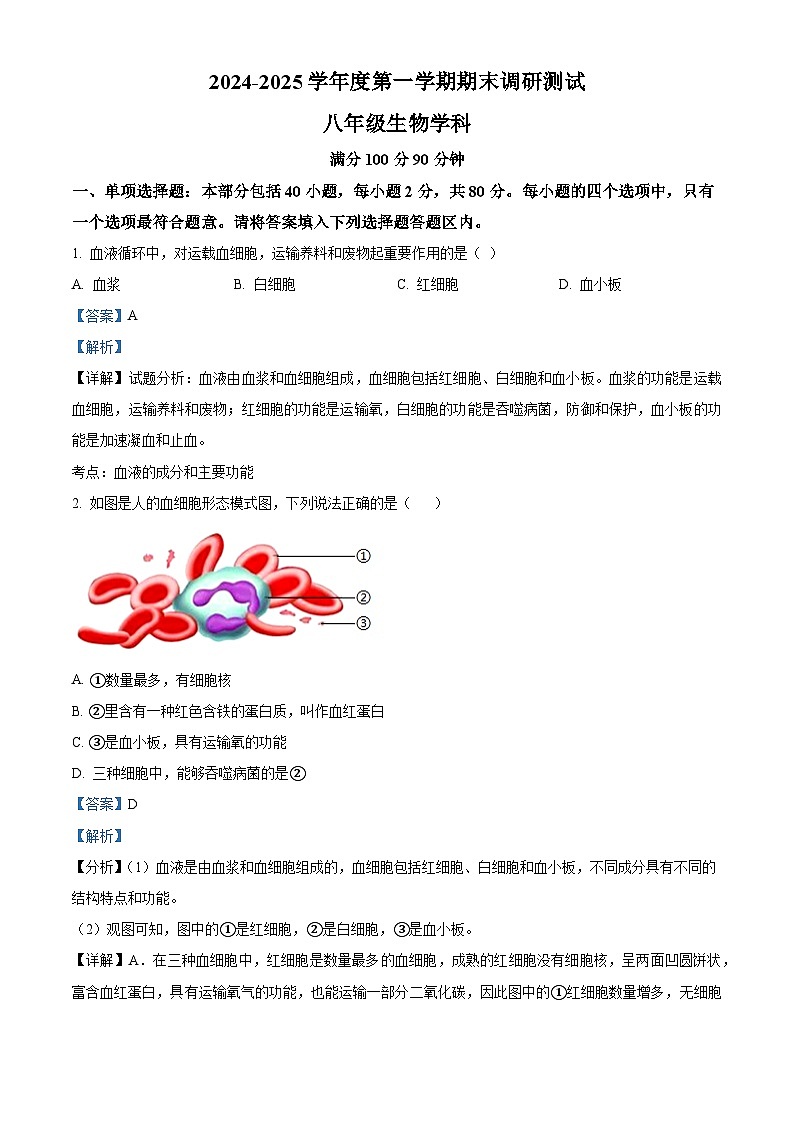 江苏省宿迁市宿城区2024-2025学年八年级上学期期末生物试题（解析版）第1页