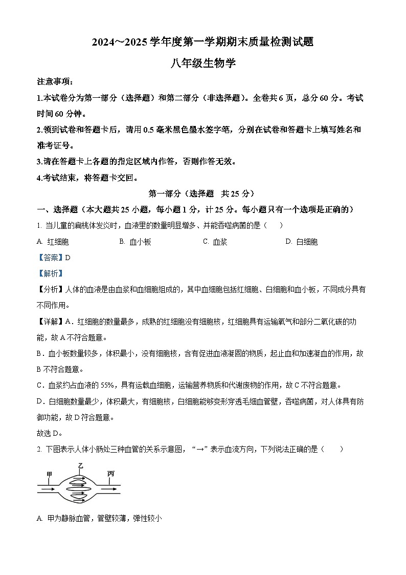 陕西省渭南市富平县2024-2025学年八年级上学期期末生物试题（解析版）第1页