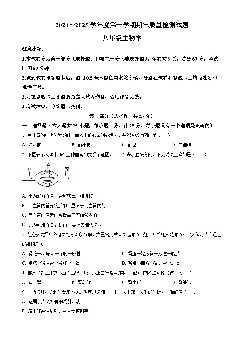 陕西省渭南市富平县2024-2025学年八年级上学期期末生物试题（原卷版）第1页