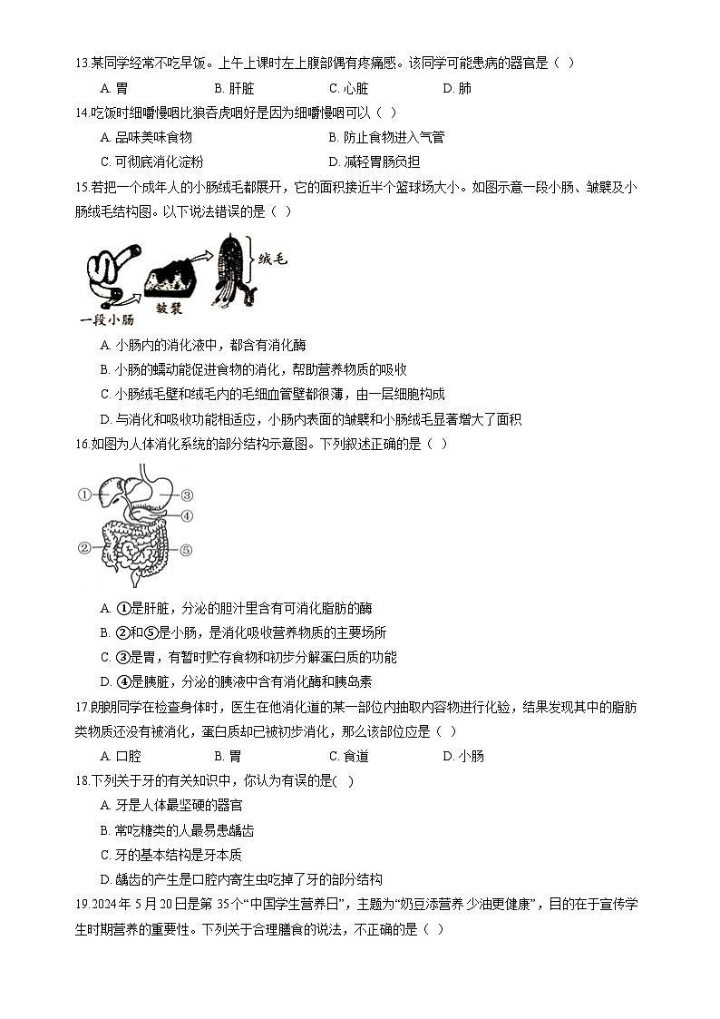 北师大版（2024）七年级下册生物第6章 人体的营养 学情评估测试卷（含答案解析）第2页