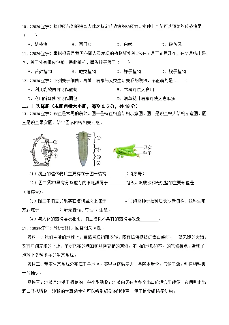 辽宁省2024年中考生物试卷(学生版)第2页